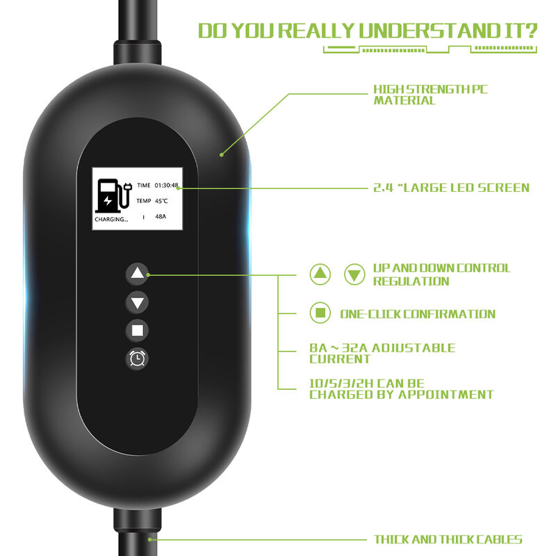 IP65 Outdoor Rated Type 2 Portable 7kW Car Charger 8A-32A Adjustable