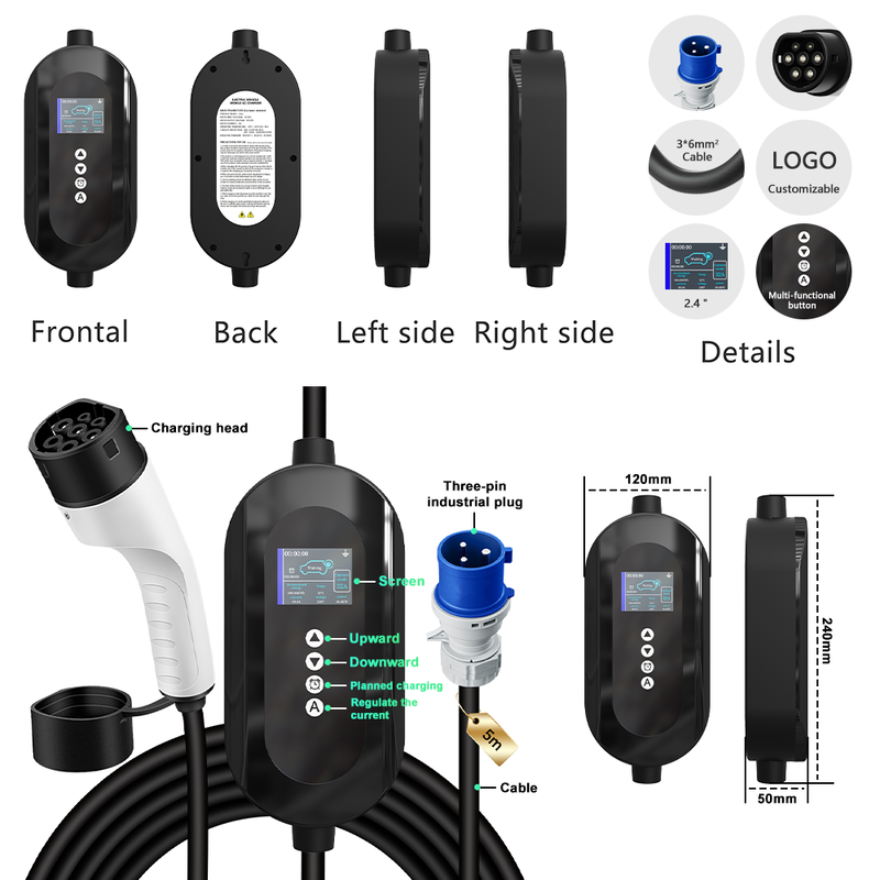 High Flame Retardant 7kW Type 2 Portable EV Charger 8A-32A Adjustable With IP65 Waterproof