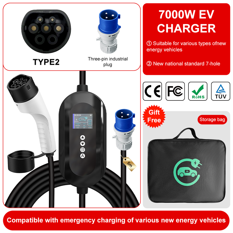 IP65 Outdoor Rated Type 2 Portable 7kW Car Charger 8A-32A Adjustable