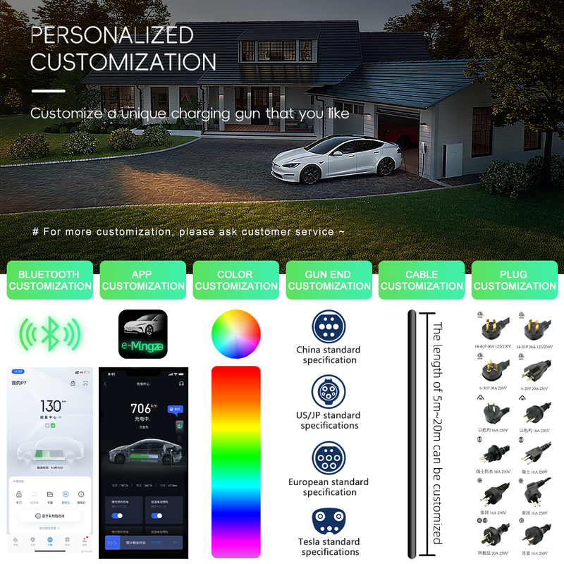 Home Use Smart Electric Vehicle Level2 Portable Ev Charger Type1 Type2 Gbt Tesla With App