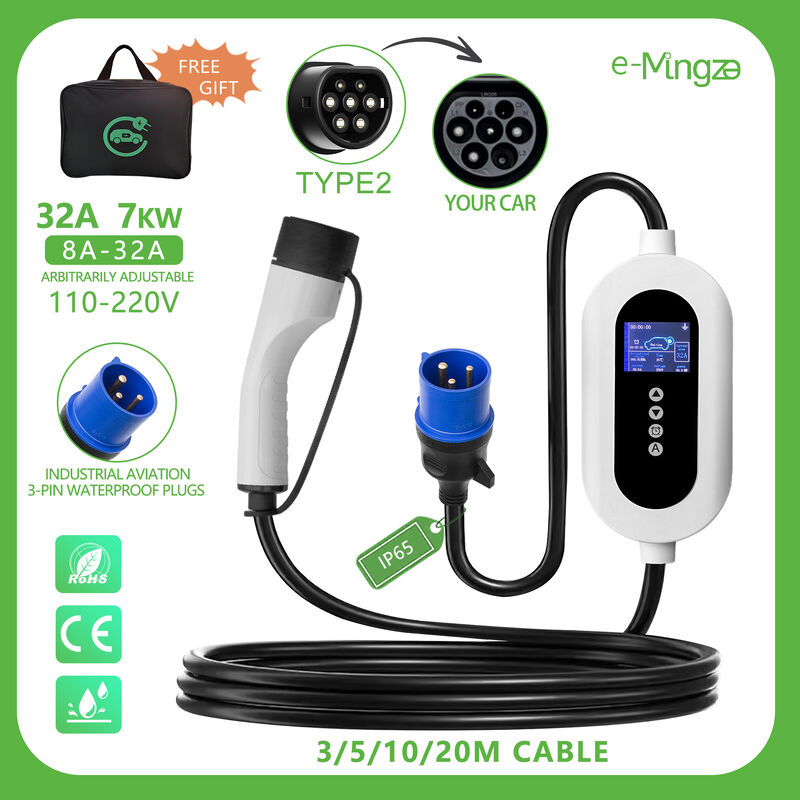 IP65 Rainproof Portable EV Charger Type 2 7kW 8A-32A Adjustable