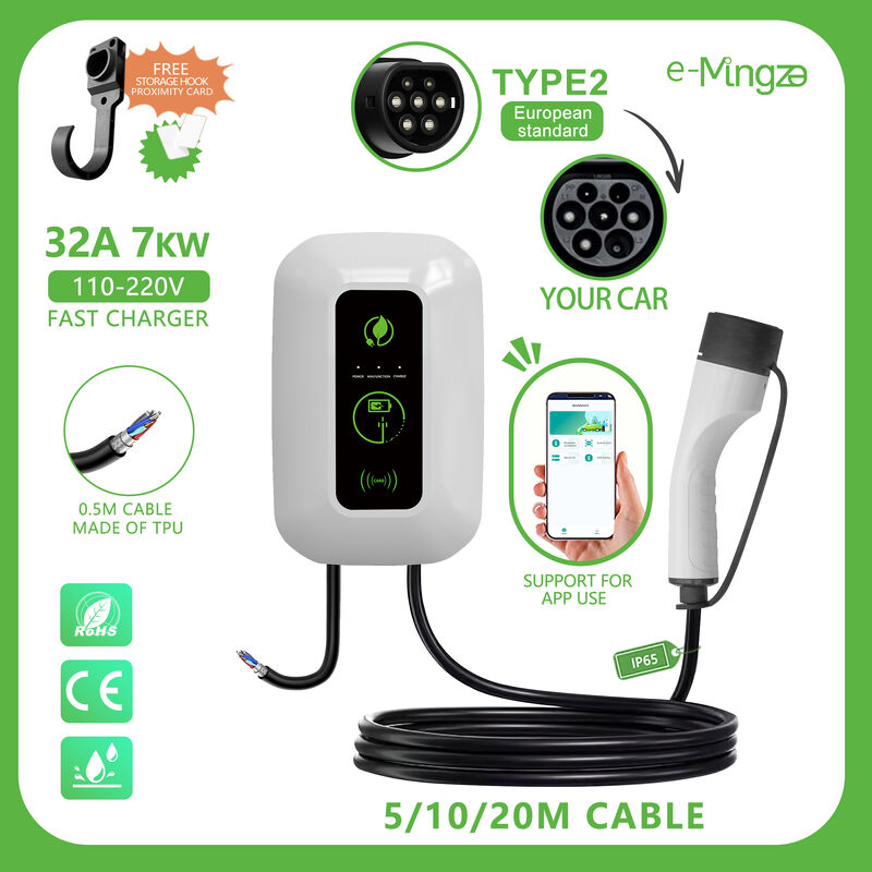 Type 2 32A 7kW Wallbox Portable EV Charger 110-220V IP65 with APP Control
