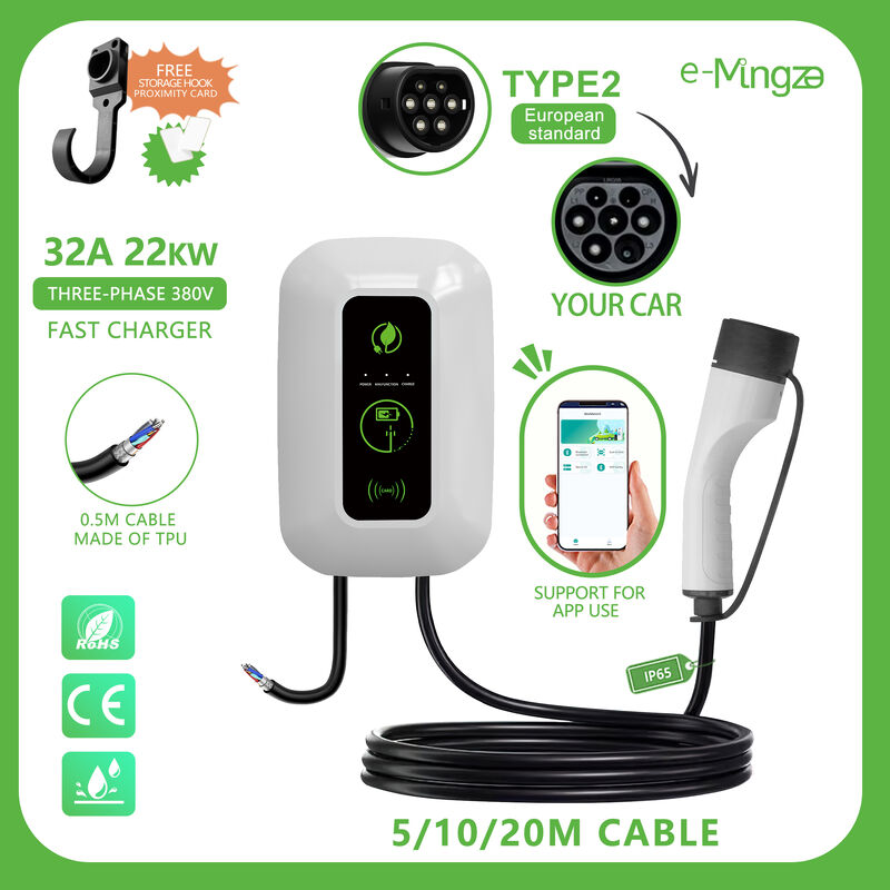 Type 2 32A 22kW Wallbox Portable EV Car Charger 3 Phase IP65 With NFC