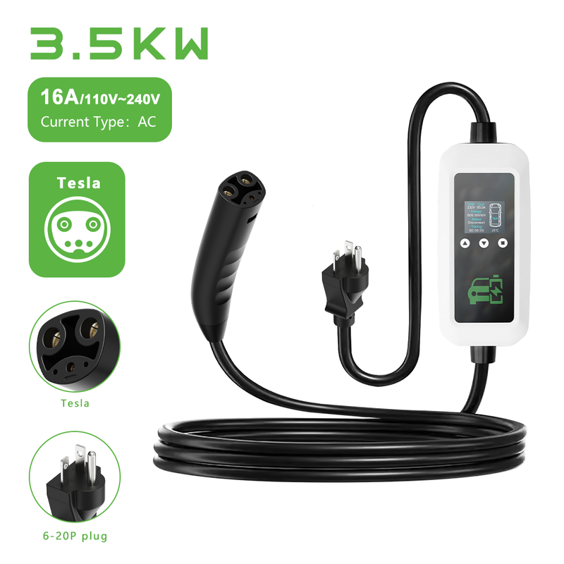 16A 3.5kW NACS Portable EV Car Charger Smart LCD Display For Home Use
