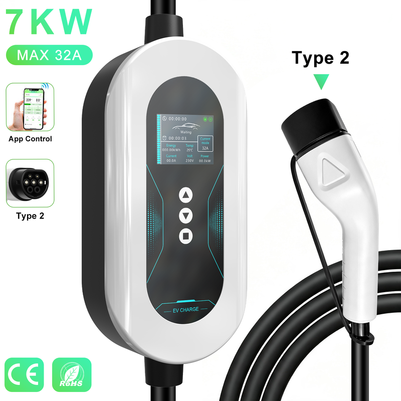 7kW 32A Portable Type 2 EV Charger with Adjustable Current With APP