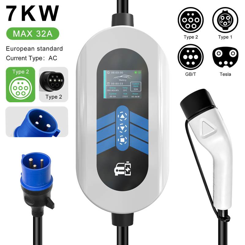 7kW 32A Portable EV Charger with Multiple Connector Options for Fast Charging