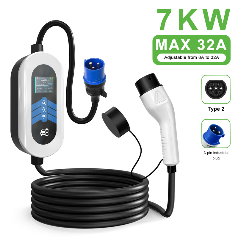 7kW 32A Portable EV Charger with Multiple Connector Options for Fast Charging
