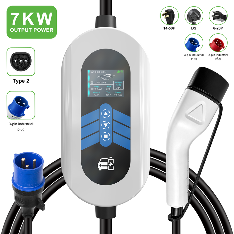7kW 32A Portable EV Charger with Multiple Connector Options for Fast Charging