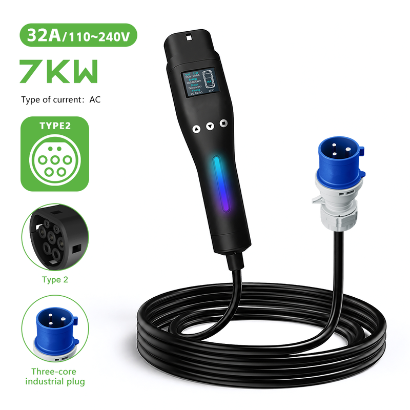 7kW Mode 2 Type 2 Portable EV Charger with 3pin 32A EU Industrial Plug