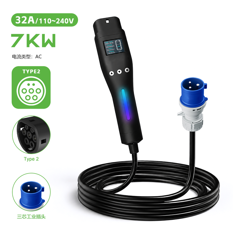 3.5kw 7kW 16A 32A Type 2 Mode 2 Portable EV Charger with EU Industrial Plug and WiFi