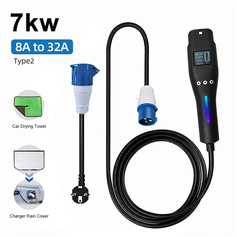 7kW Mode 2 Type 2 Portable EV Charger with 3pin 32A EU Industrial Plug